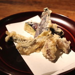 蕎麦懐石 無庵 - 天ぷら盛り合わせ　（メゴチ、椎茸、茄子）　(2014/09)