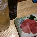 一銭酒場 えびす - ホッピー350円　マグロぶつ200円