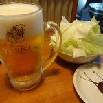 Umaimonodokoro Robataya Sen - 生ビールとお通しです。
