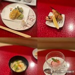 馳走や直 - 天ぷらの盛合せ(本日のおすすめ料理3品)、あまおうのアイス(デザート)、汁椀など