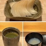 鮨 はしもと - ガリ、緑茶、シジミ汁