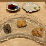 鮨 はしもと - 珍味3種（日本酒のあてに最高！）
      ✴︎ 鮎のペースト　✴︎ あん肝　✴︎ 牡丹海老にカラスミ
