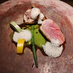 yokoyama - .....⑧和歌山の鴨　手羽に腿ミンチ（からすみとカレー）　ズッキーニのソース　鴨の出汁のソース　とうがらしの泡　（骨も食べられる）　蒸しパンとともに.....