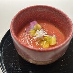 板前焼とり 成海 - 前菜。トマトの茶碗蒸し。さっぱりしてこれで体の火照りが癒やされたです。