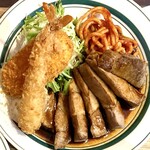 キッチン あずま - ・厚切トンテキ
      　　ライス・みそ汁付+盛り合わせ　
      　　（カニコロ・エビフライ付）　　　