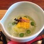 手料理  嘉文 - 冷製:グリーンピーススープ/トウモロコシ豆腐　アップ
