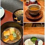 天ぷら 元吉 - 豆腐となめこと三つ葉のお味噌、器は波千鳥
      ほうじ茶
      香の物