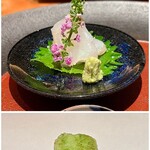 天ぷら 元吉 - 写真上：お造り：コチ（東京湾）お皿は七夕にちなみ銀河柄
      写真下：そら豆の形に作り直した枝豆