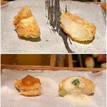 天ぷら 元吉 - ペコロス（愛知県産） 4種の味付けで
      藻塩、醤油、玉葱のクリームソース、玉葱醤油