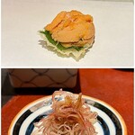 天ぷら 元吉 - 写真上：大葉の天ぷら、馬糞ウニのせ
      写真下：茗荷にミョウガ