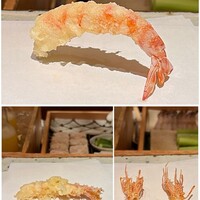 天ぷら 元吉 - 写真上：車海老（天草） 1本目
                    写真左下：車海老（天草） 2本目
                    写真右下：車海老（天草） 頭