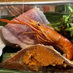 湖里庵 - 鮒鮨　琵琶湖の手長海老唐揚げ　鴨ロース