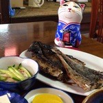 稲本食堂 - くさや定食　900円　なすの煮浸し、キュウリの酢の物、冷や奴、お漬け物、どんぶりご飯、お茶付き