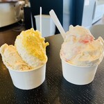 レガーロ - 左のジェラートダブルがマンゴーヨーグルトと森の木の実のプラリネ550円。右のジェラートダブルがいちごミルフィーユとラムレーズン550円