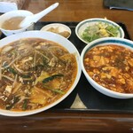 凜香飯店 - Aセット　を、スーラー焼きそばへ変更。半チャーハンもマーボーへ変更。