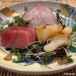 御料理 寺沢 - 石鯛､めじ鮪の中トロ､螺貝の造り