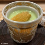308248848 - 毛蟹の玉地締め蚕豆のすり流し生海胆