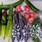 ブルーベリー農園 うざわ - とうもろこし1本100円、きゅうり、なす、トマトは1袋100円、上の太いきゅうりはサービスです♪