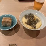 ぎおん 阪川 - 先付け 穴子の握り とうもろこしすり流しじゅんさいのせ