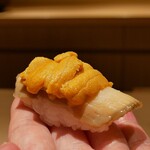 鮨 一幸 - 鮑(山口)赤雲丹(山口) 握り