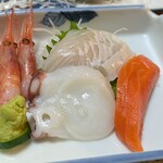 お宿 お食事処 鱗晃荘 - お刺身、南蛮エビ、タコ、ヒラメ、サーモン
