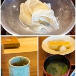 鎌倉 北じま - ガリ
      江ノ島の蛤とシジミ、三つ葉のお味噌汁
      お茶