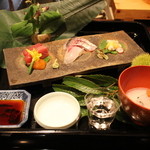 Koryu - 魚庭：明石の鯛、まぐろに卵黄醤油漬け、関アジ、いしかげ貝