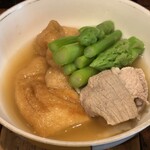 酒菜 天味 - お通し(アスパラ、豚、巾着)