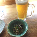 Takeuma - お通し　とりあえずビール
