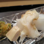 Jushuu - お造り　金目鯛の昆布〆炙り、真子鰈、肝、ツブ貝、アオリイカ、鯵寿司