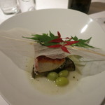 レストラン ラッセ - 26年9月　サワラとカラスミの炭火焼き　焼き茄子　茸のソース