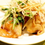 龍の翼 - 野菜がたっぷり載った紅油掛け特製水餃子（2014.09)