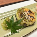 308756019 - ◆焼物 丸茄子二色田楽 白瓜の鰹節和え、フルーツトマトを添えて