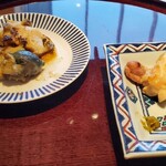 銀座 青天 - (左)鮑のソテー　(右)大山鶏の塩焼き(多少食べてる)