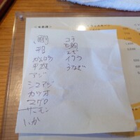 いわ志 本店 - 今日のネタは、鯛、平目、かんぱち、平政、アジ、カツオ、マグロ、サーモン、いか、コチ、石鯛、エビ、イクラ、うなぎ、15品。