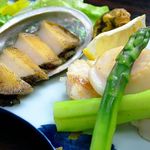 Butter-grilled abalone, scallops, and green asparagus