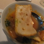 ノーザンテラスダイナー - 和牛ヒレ肉ステーキコース　７０００円　クラムチャウダー マンハッタンスタイル　トマトスープのアップ　ピンボケ　【　２０１４年９月　】