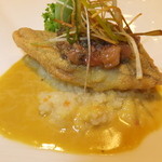 ノーザンテラスダイナー - 和牛ヒレ肉ステーキコース　７０００円　鰈のセモリナ粉ソテー サフランソース トマトコンディメント添えのアップ　【　２０１４年９月　】