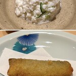 鮨 めい乃 - 小肌フライ、頭もフライにして
      上は卵のシロミのタルタルソース