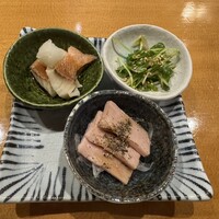 出汁しゃぶおばんざい おかか 東京 - おばんざい3種　ポーク、金目鯛、草