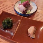 臥薪 - 先付け、刺身3種盛り合わせ