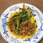 炭火と酒と肴 七福八郎 - ナス、ラムの肉味噌　結構オイリー☺️