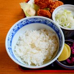 やぶ善 - この"からあげ"の味には足りないくらいの半ライス。