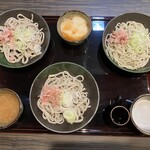 蕎麦 やすたけ - おろしざんまい　税込1,650円　　　　　　　　　　　左: おろしツユ・真ん中の上: とろろツユ・　　　　　　　右: 大根の搾り汁ツユ(横のカエシで味を調整します)