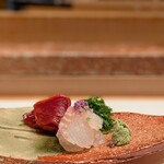 309251237 - 本鮪の赤身の漬け•ヒラスズキの昆布締め。兵庫浜坂産80キロ台の天然本マグロ
