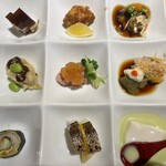 懐石料理 はし本 - 八寸:はし本名物。中央の上はトラフグの唐揚げ。中段左手はイチジクの天ぷら。両方とも美味。