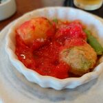 釜めし菜時記 さき亭 - コースの一品料理、海老団子と旬野菜のオーブン焼き