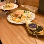 創作料理Ryota  - ●山梨県産桃と太陽のたまごマンゴー冷たいキャビアのカッペリーニパッションのソース
