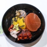 うを徳 - 2025.7 佐渡産真蛸やわらか煮 苫小牧産ツブ貝 鹿ヶ谷かぼちゃ 蛸を叩いた大根