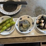 酔い肴とメシ かもすや - しょっつる枝豆、茄子の揚げ浸し、タコの酢の物